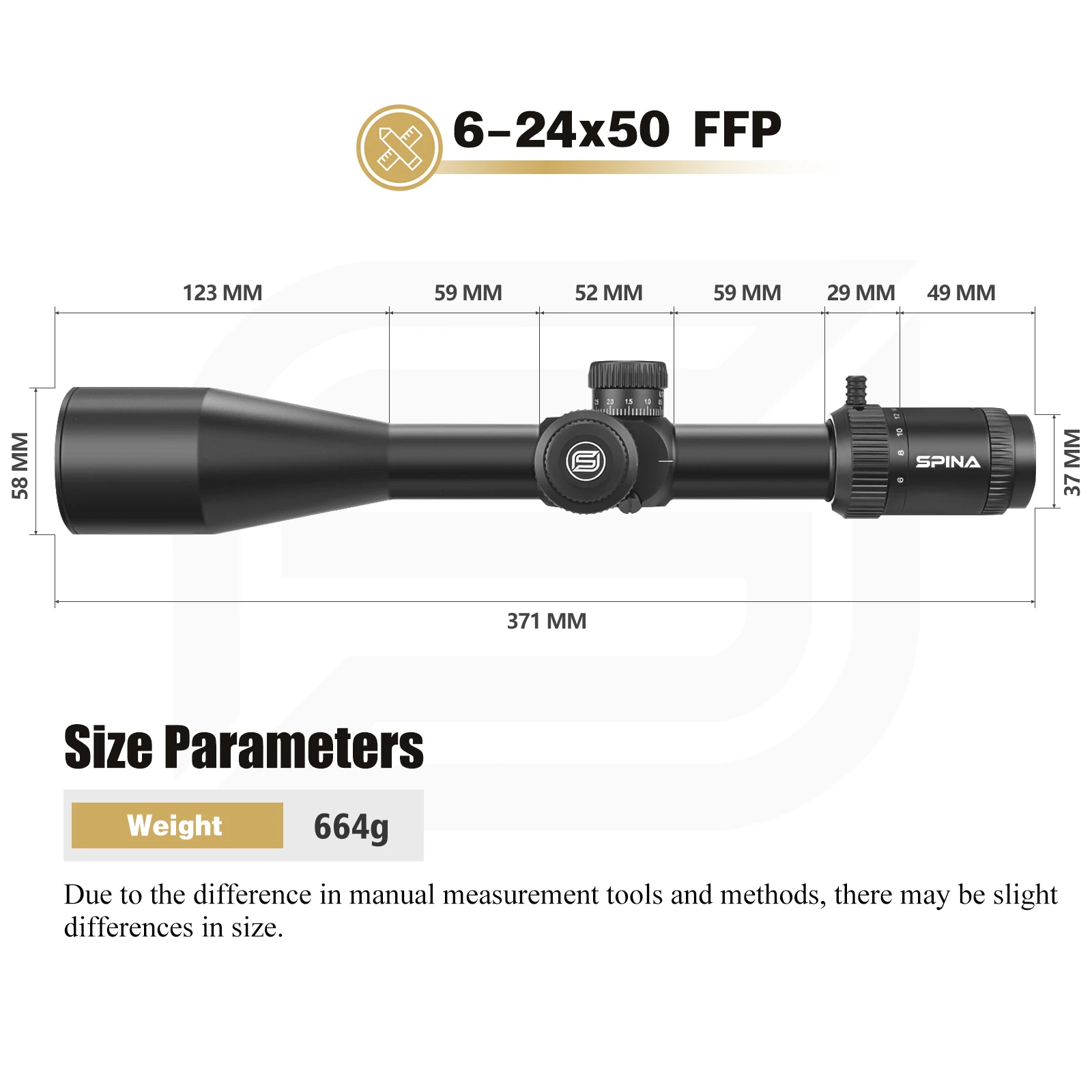 SPINA OPTICS 6-24x50 FFP IR OEM Reticle FMC Side Focus Hunting Telescopic Sight