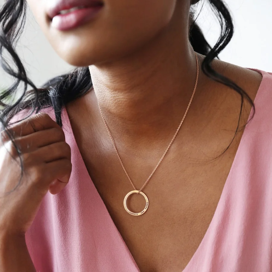 AFXSION Personalised Stainless Steel Jewelry Girls Gold Family Hoop Necklace Engraved Name Positive Phrase Word Circle Necklace