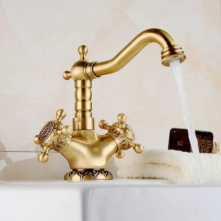 Brass Basin Sink Tap Exquisite Carved Antique Faucet Chinese Style Double Handle Hot And Cold Water AF1090
