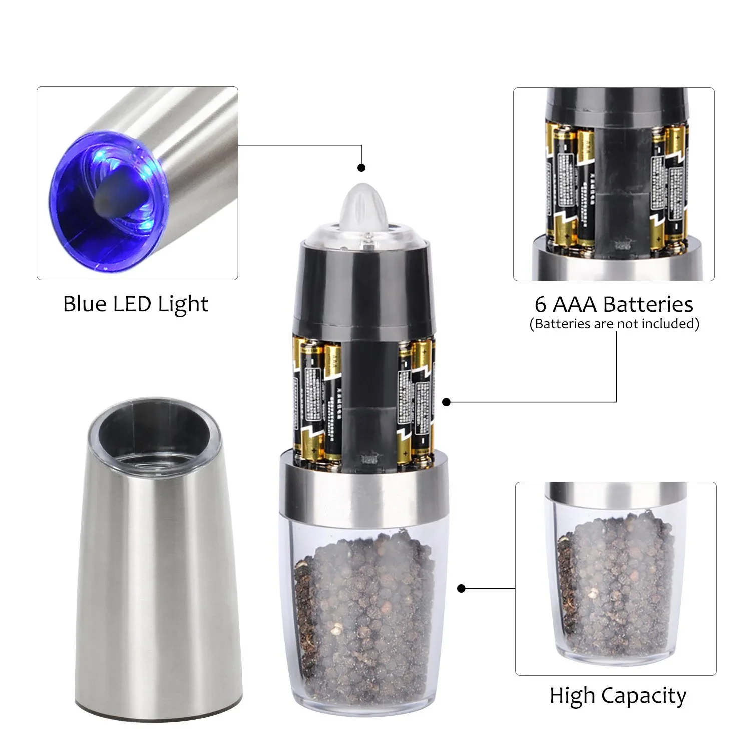 silver battery powered with LED light automatic operation stainless steel gravity electric mill pepper and salt grinder set
