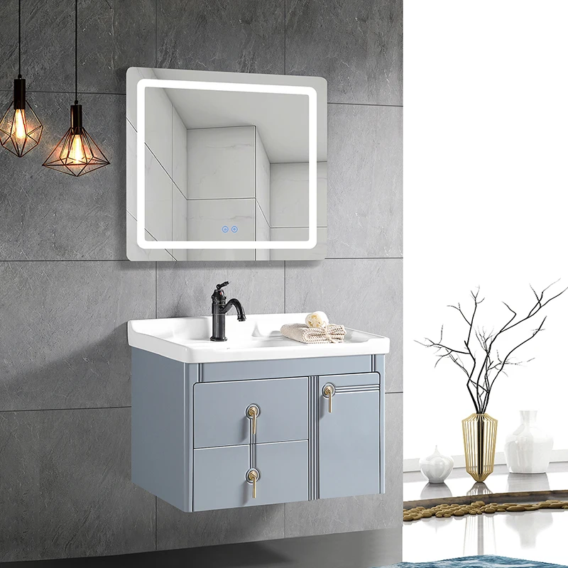 Modern PVC Bathroom Cabinet with Washing Basin Factory Directly Sold Wall-Mounted Vanity Mirror White Furniture for Villas