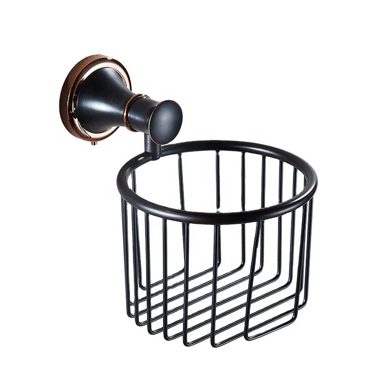 Royal Bathroom Wall Mounted Brass Antique Black Toilet Paper Towel Holder with Basket