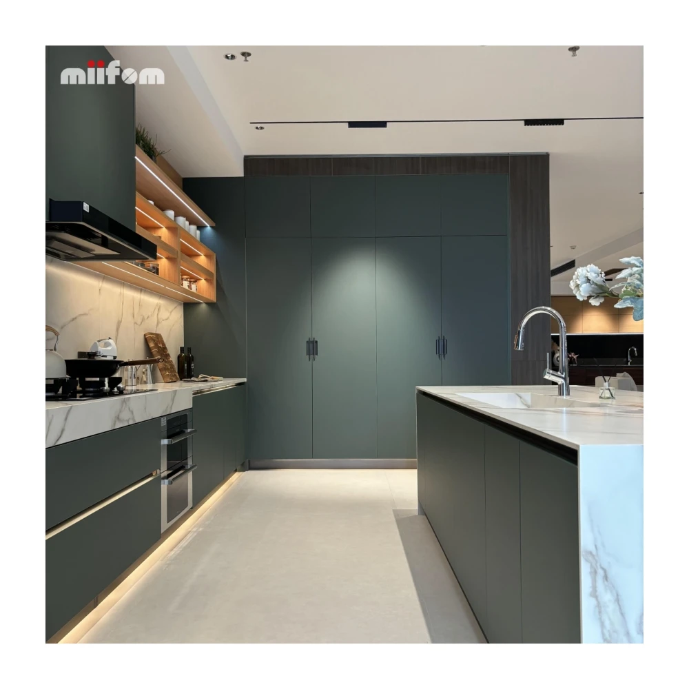 ink green skin feel PET modern smart custom kitchen cabinet with pocket door and open shelves