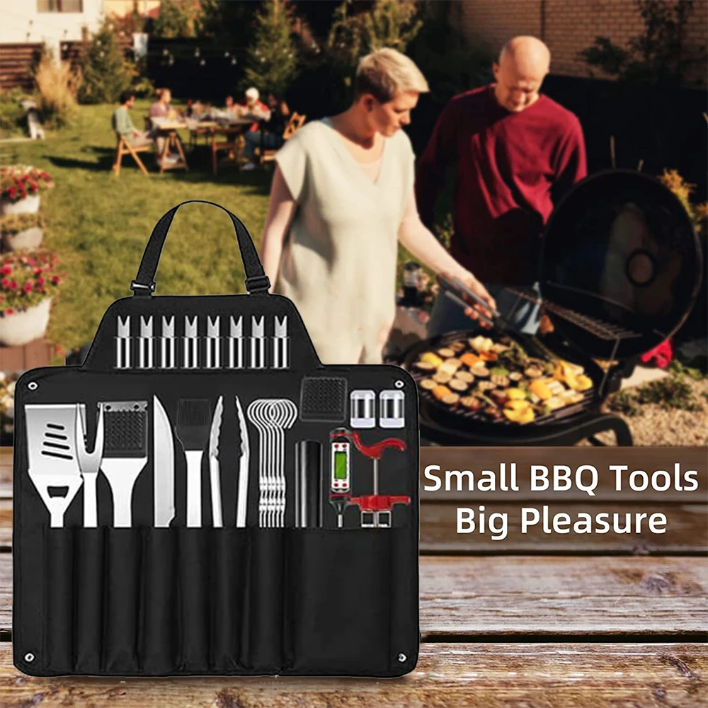 28pcs/set Stainless Steel BBQ Tools Set Apron Storage Bag Outdoor Camping Grill Accessories Barbecue Knife Fork Shovel Oil Brush
