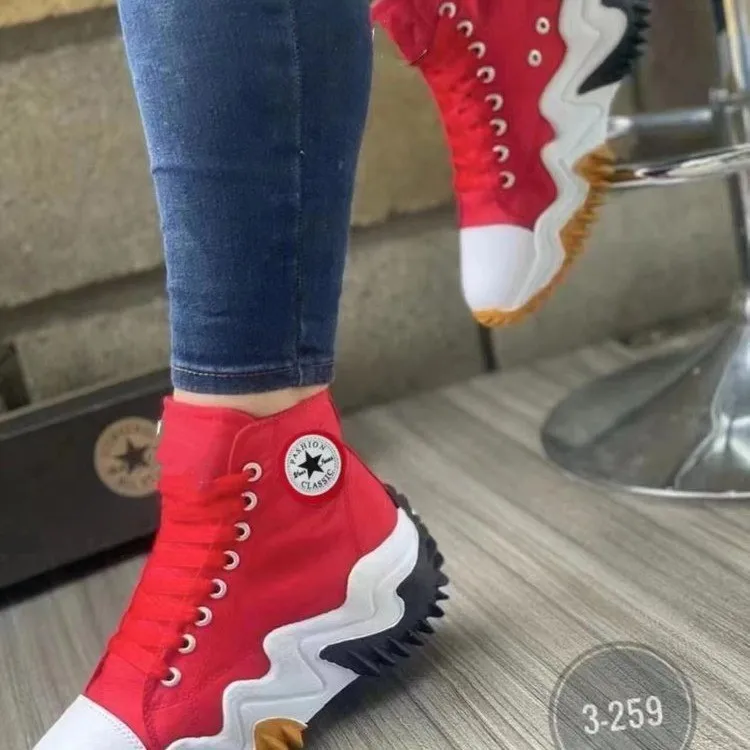 Thick-soled High-top Canvas Shoes For Women In Autumn And Winter 22 New Plus-size Fashion Lace-up Casual Ladies Shoes