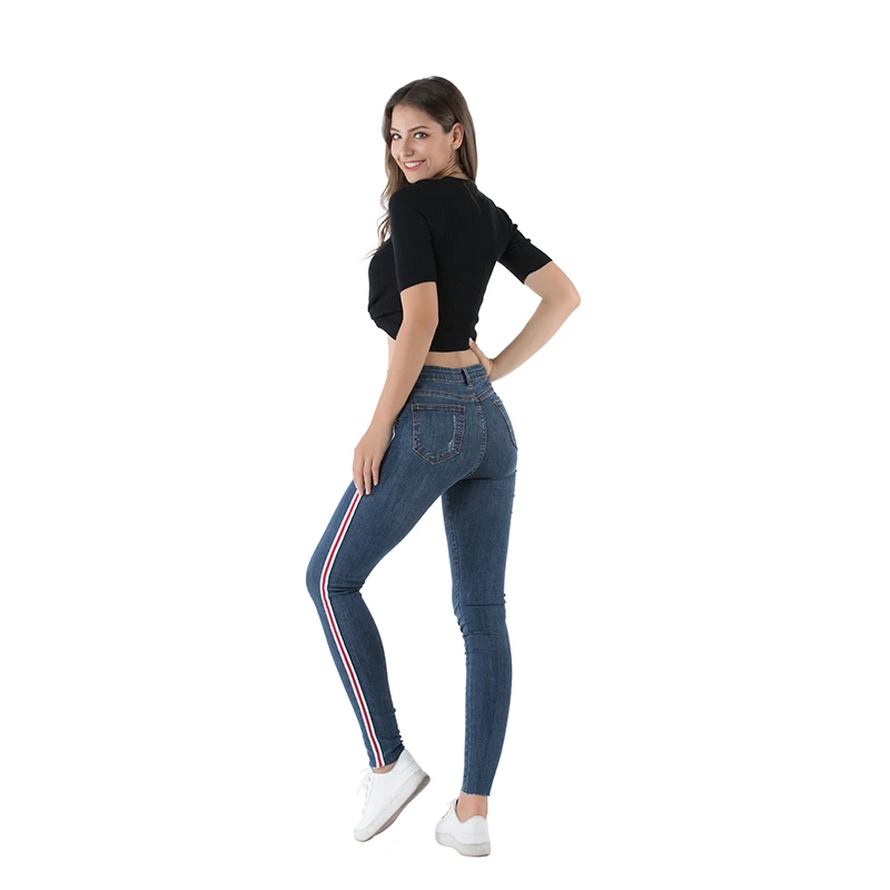 
2021 China Factory OEM Tall Waist Skinny Low Price No Name Brand Side Red Edge Denim Jeans Women 
