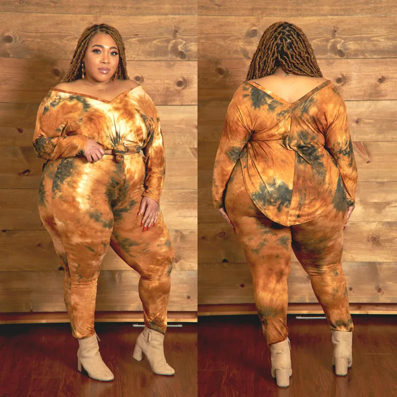 2021 New Arrivals Bodycon Tie Dye Clothing Outfit Plus Size 2 Piece Set Women