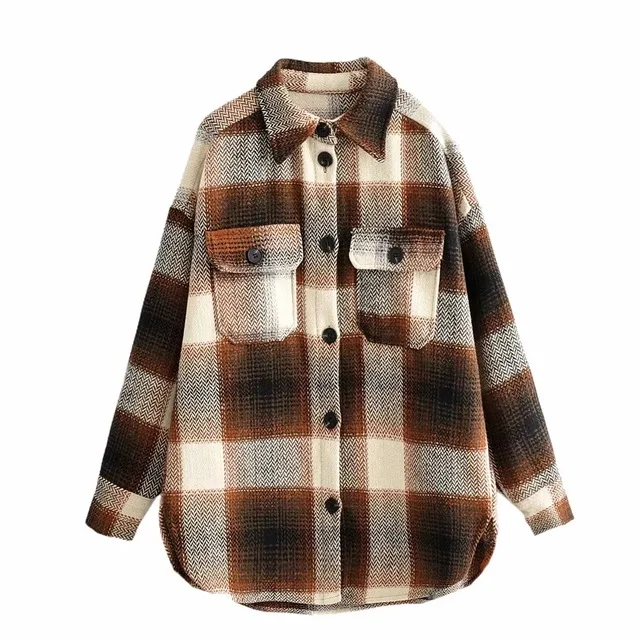 women  long sleeve woolen coats fashion ladies thick plaid coat female streetwear elegant girls oversize jacket chic J0280-1