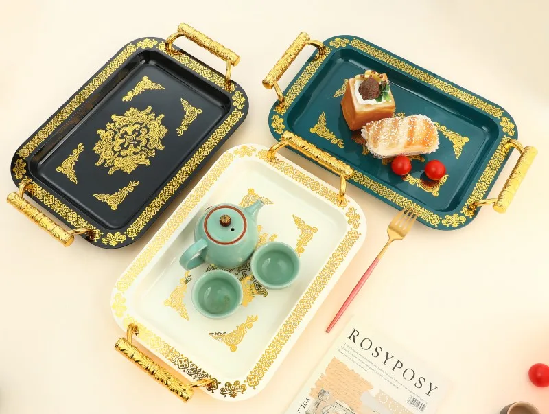 3-Piece Set Gold Borders Tray Square Luxury Arabic Tray for Tea Food Dessert Chocolate Serving Decorative Trays Home Decor