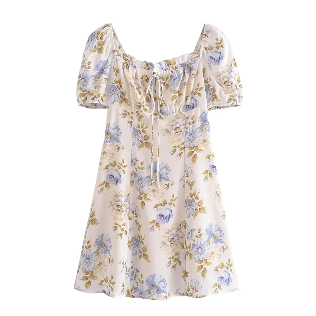 Floral print blue and beige color short sleeve square collar front lace up casual women mini dress
