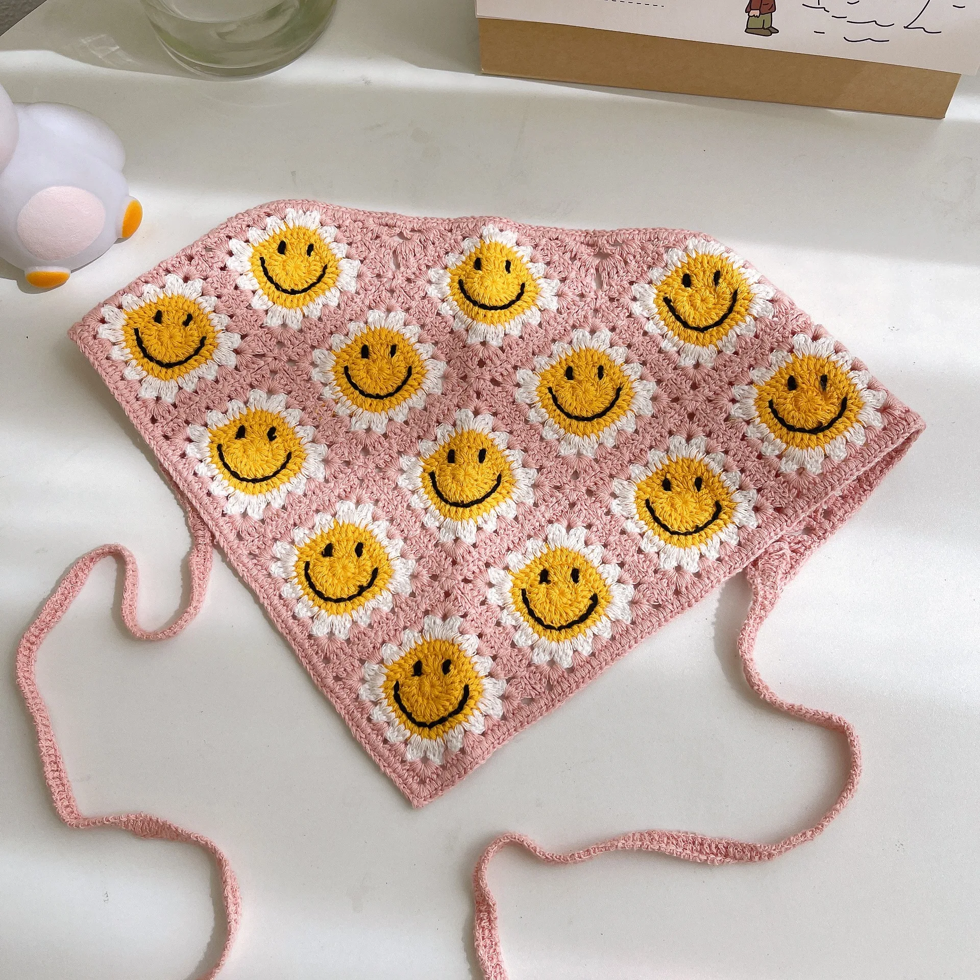 Hot Sales Women Crochet Triangular Bandana Headband Knit Handmade Charm Creative Sunflower Smile Face Hair Kerchief Hairband