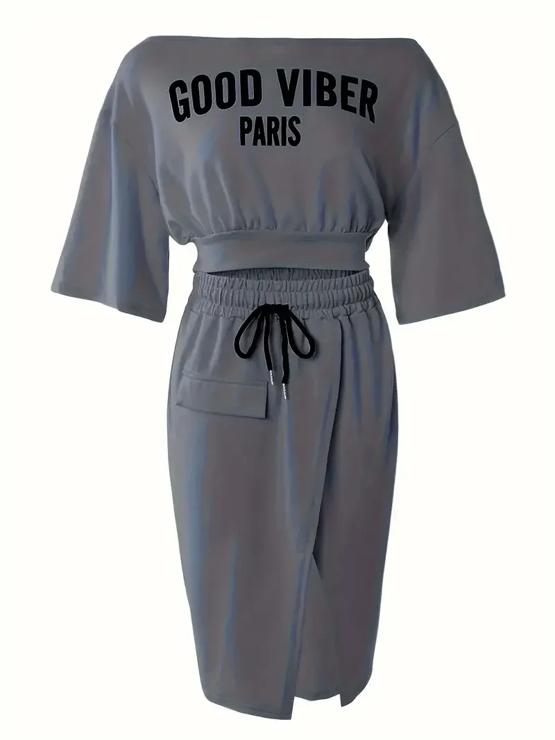 Letter Print Short Sleeve Top & Drawstring Split Hem Knee Length Skirt Outfits 2 Piece Set Plus Size Casual Two Piece Set