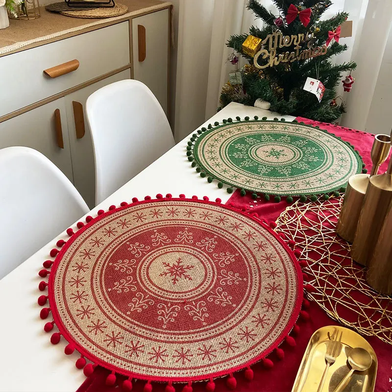 Home Decor Christmas Weaving Jute Table Mat Printed Wool Ball Insulated Cotton Linen Decorative Mat