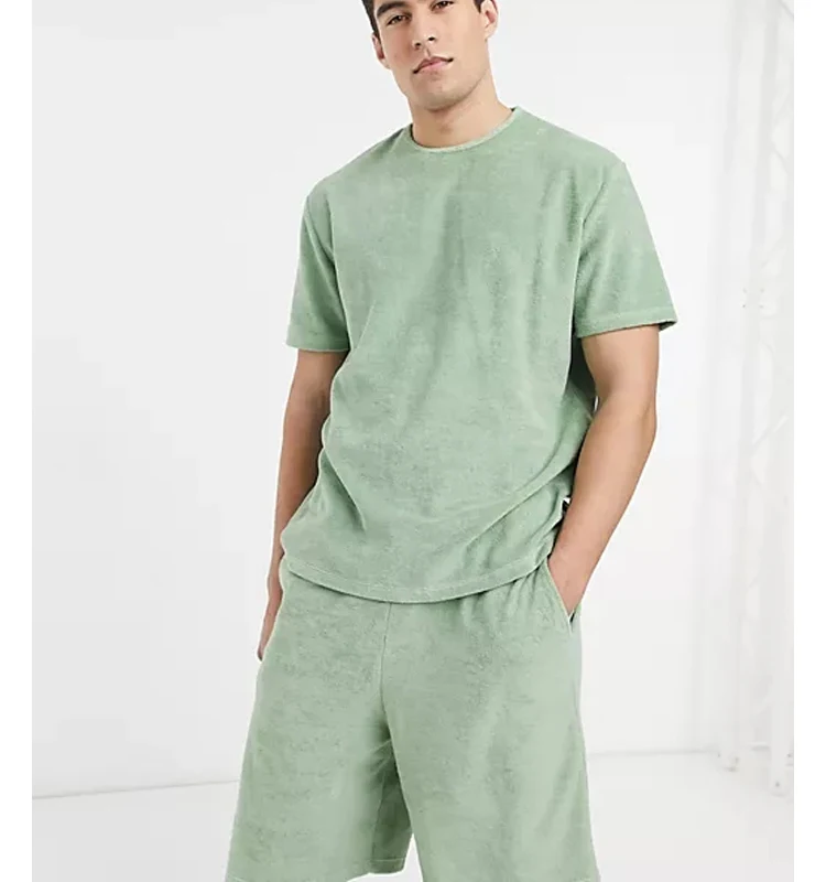 Casual New plain tee shirt and shorts set pajama lougewear drawstring t shirt short sets velvet two piece short set men