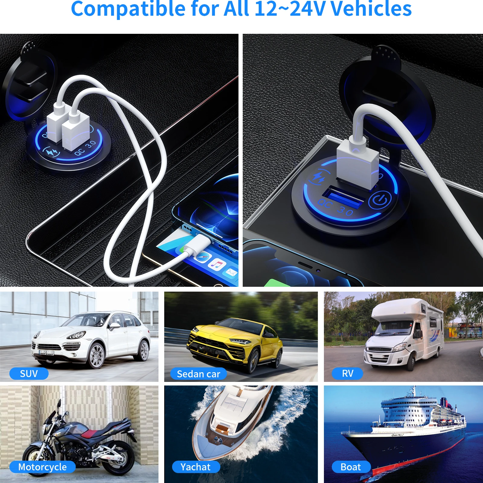 12V QC3.0 зарядное устройство с быстрой зарядкой, USB розетка Быстрая зарядка 3,0 зарядное устройство для автомобиля с двумя портами USB розетка с выключателем для автомобилей Грузовик