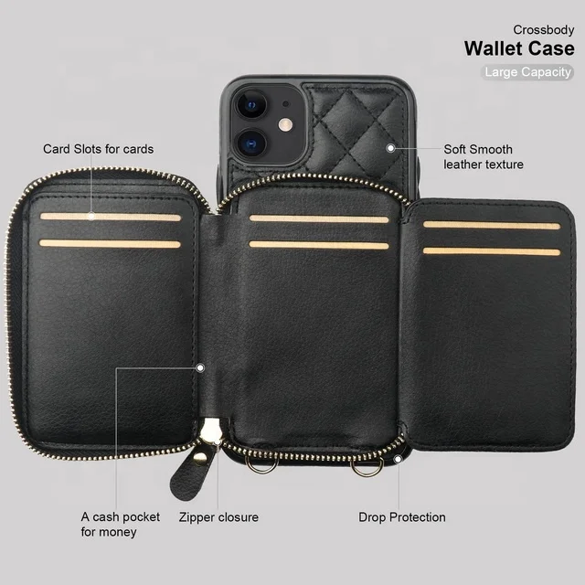 New design leather phone with card holder wallet custom crossbody female phone case for iPhone 13 12 X