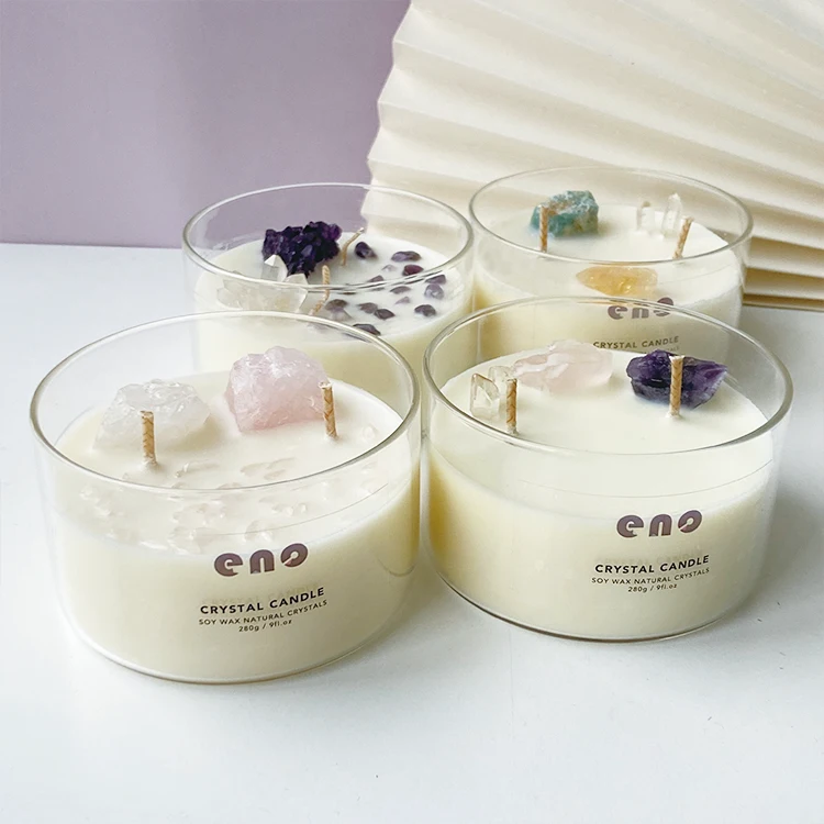 ENO custom Wholesale Luxury Soy Wax Aromatherapy glass Jar with flower decoration scented Crystal stone Candle