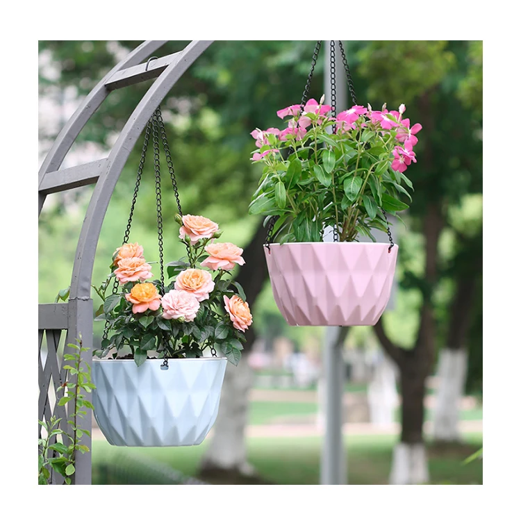 New design cheap self watering colorful style plastic hanging basket flower pot