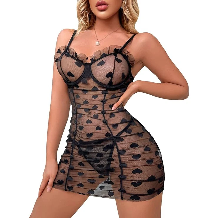 Hot Transparent Lingerie Sheer Mesh Sexy Heart Underwire Ruffle Thong Short Babydoll Nightgowns
