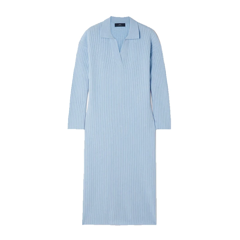 Вязаная одежда от производителя на заказ Новинка весна-осень Небесно-Голубой воротник поло Длинные рукава вискоза вязаный свитер женское платье