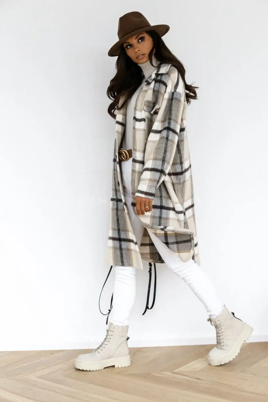 2022 Fashion Long Sleeve Plaid Print Shirt Woolen Coat Winter Long Jacket