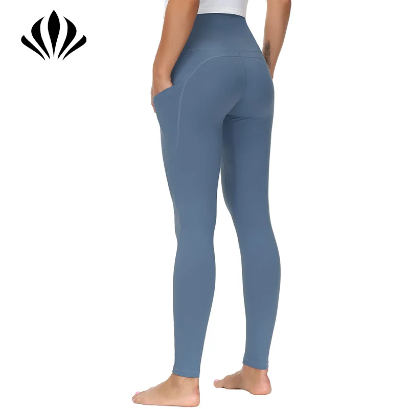 Customized Solid Long Wide Waistband Skin Tight Sports With Pockets Yoga Wear Pants Leggings