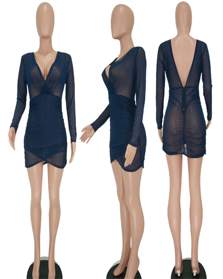 Skinny Mini Skirt Deep V-neck Pleated Sexy See-through Mesh Gauze Party Dress Bodycon Dresses Women Casual Dresses