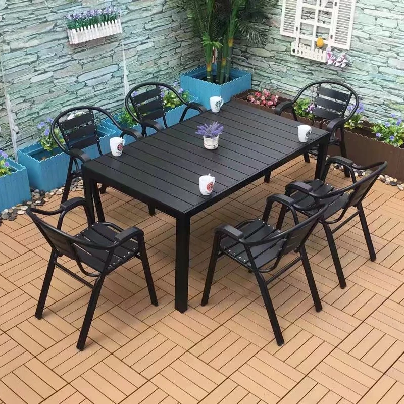 Hot Selling Outdoor Bistro Cafe Garden Furniture 6 Or 4 Seats Plastic Wood Restaurant Dining Tables And Chairs
