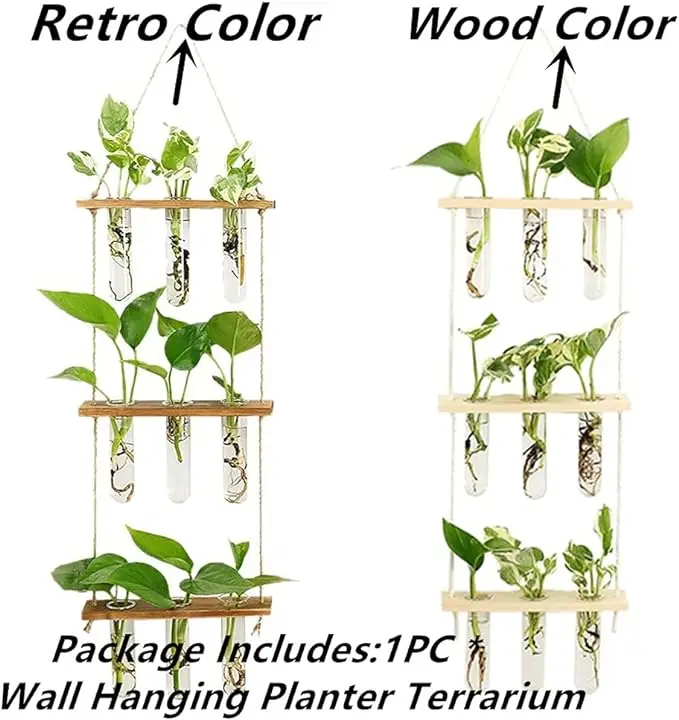 Hanging Propagation Station for Plants 3 Levels Wall Planter Glass Test Tube Vases for Flowers with Wooden Shelf