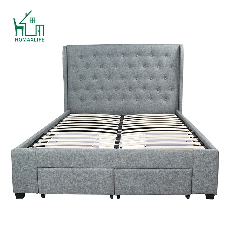 Free Sample Metal Upholstered Sizes Double Bed Frame with Storage and Velvet Headboard