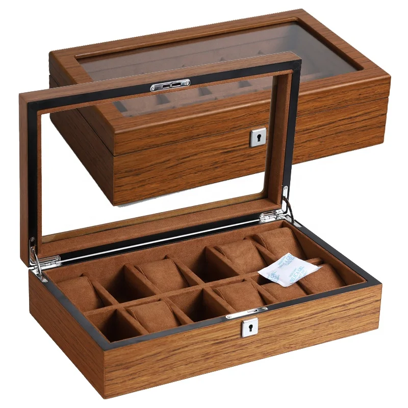 Luxurious 12 slots watch boxes & cases with stainless steel lock flexible suede pillow wood pattern finished glass top display