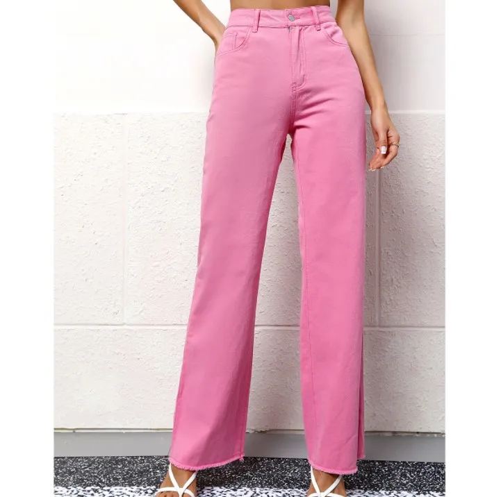 New arrivals pink color street mom women jeans fashion straight wide leg denim women trouser for sales