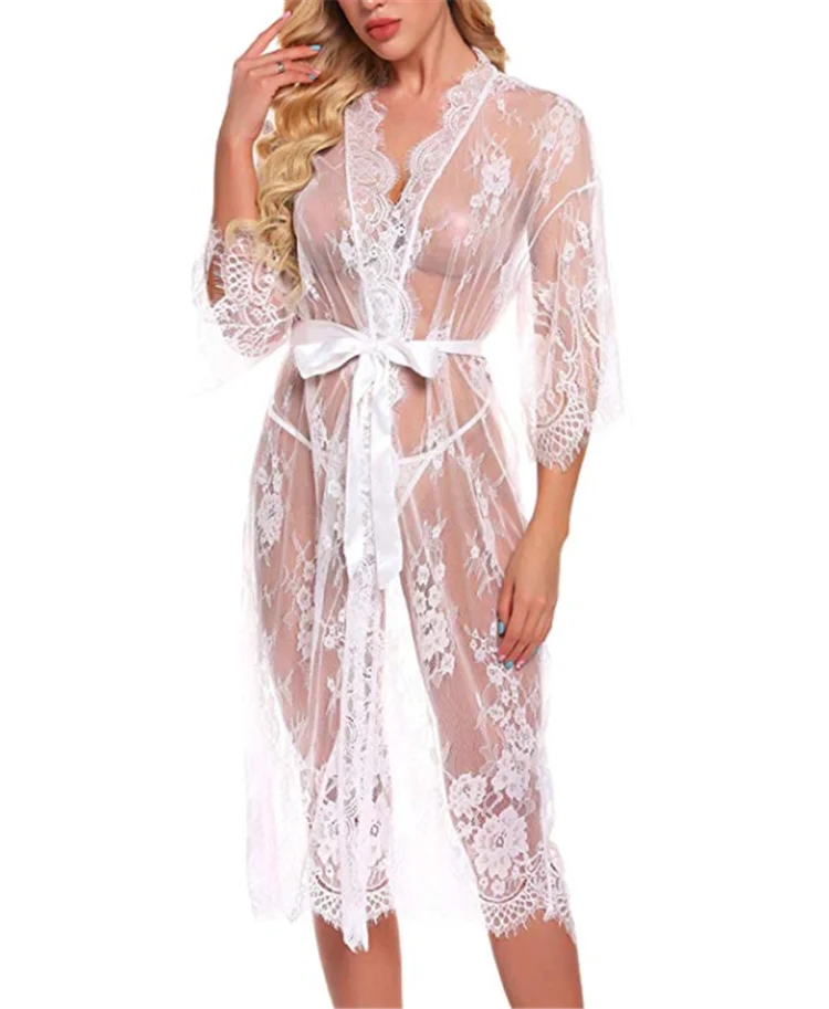 UD6380  Long Sleeve Transparent Lingerie Nightwear Lace Kimono Robe Femme Sexy