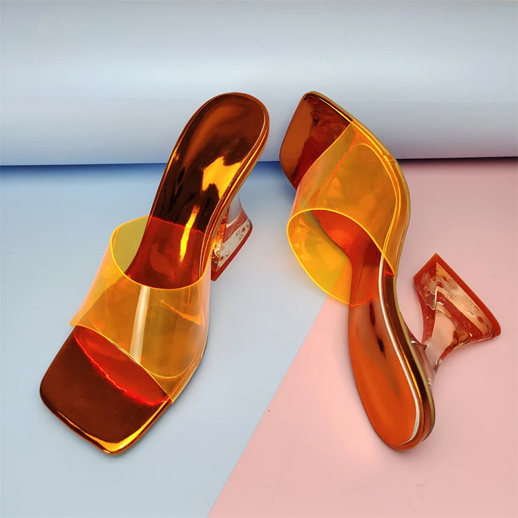 New Arrivals 2021 Shoes Square Toe Crystal Transparent Sandal Heels For Ladies PVC Slip On Womens Colorful Slippers