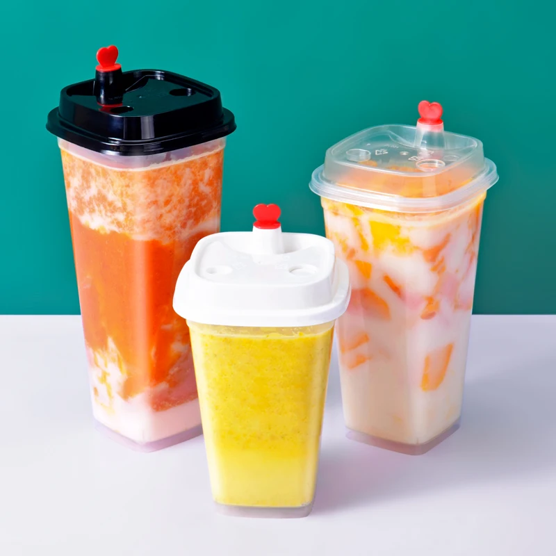 Plastic Cups Milkshake Square Shape PP Boba Cup 12/16/20oz Eco Friendly Pla Custom Logo Disposable Bubble Tea Cups