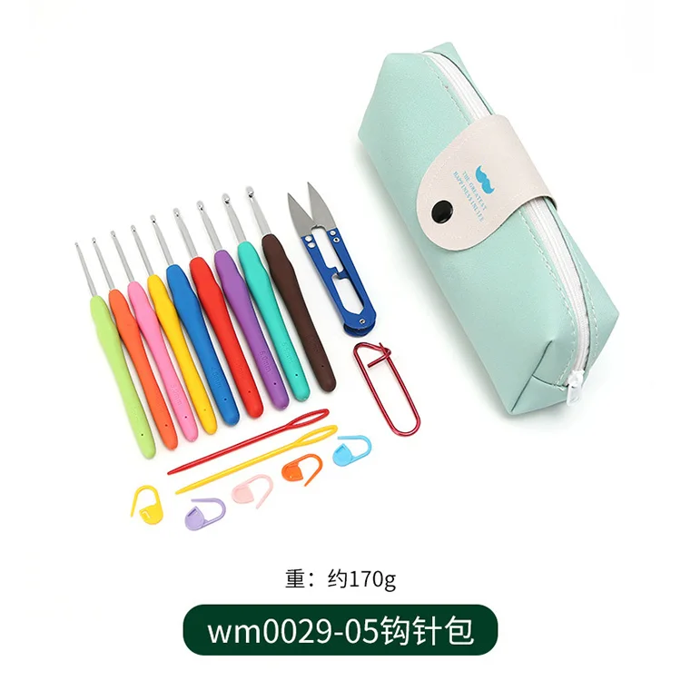 Colorful Rubber Handle Knitting Needles Kit With Sewing Clips Plastic Needles stainless steel Scissors Crochet Hooks Set