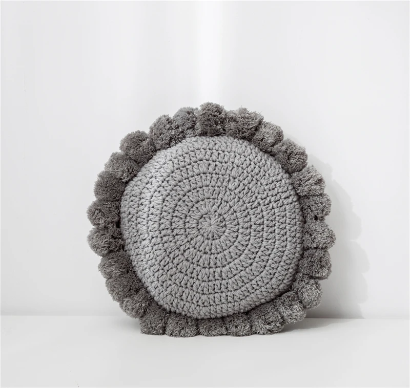 YIRUIO XN Boho Crochet Knitted Acrylic Pompom Pillowcase Cushion Cable Design Round High Quality Home Decoration