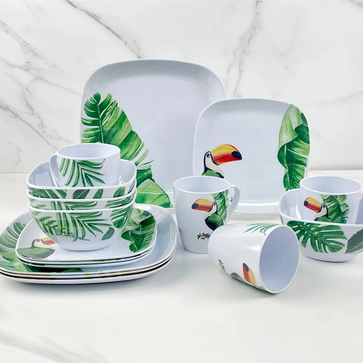 New design spring leaf toucan custom logo fine melamine dinnerware set luxury 16pcs plastic dinner sets