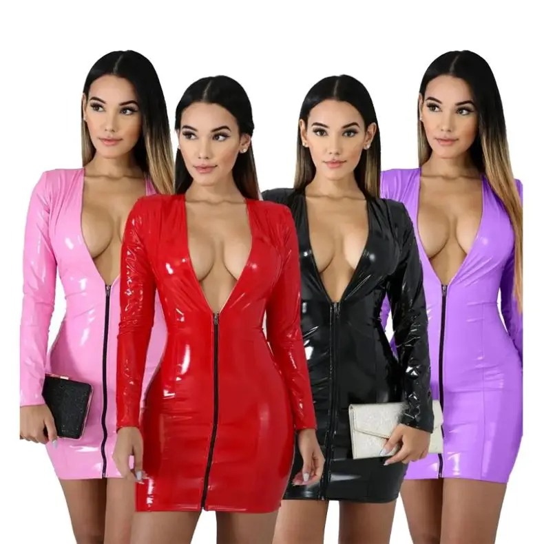 Long sleeve pu leather dress women black pu leather latex sexy bodycon tight dresses