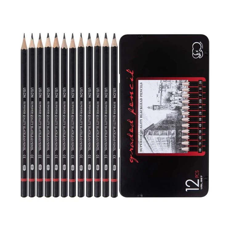 Professional school students art drawing  black12pcs 2H-8B sketch pencil set