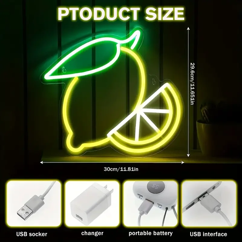 1pc Lemon Neon Sign - Cute Fruit Shape 11.81 X11.65 Inches LED Wall Art Light for Room, Bedroom, Birthday Party, Bar Decor