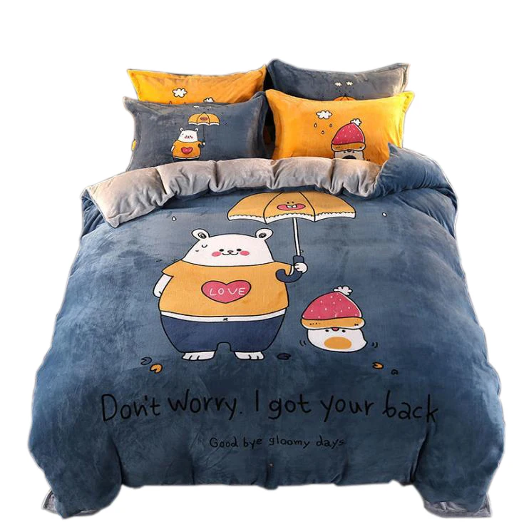 Winter thickened flannel four-piece cartoon four-piece quilt cover bedding warm children double coral fleecy baby bedding set