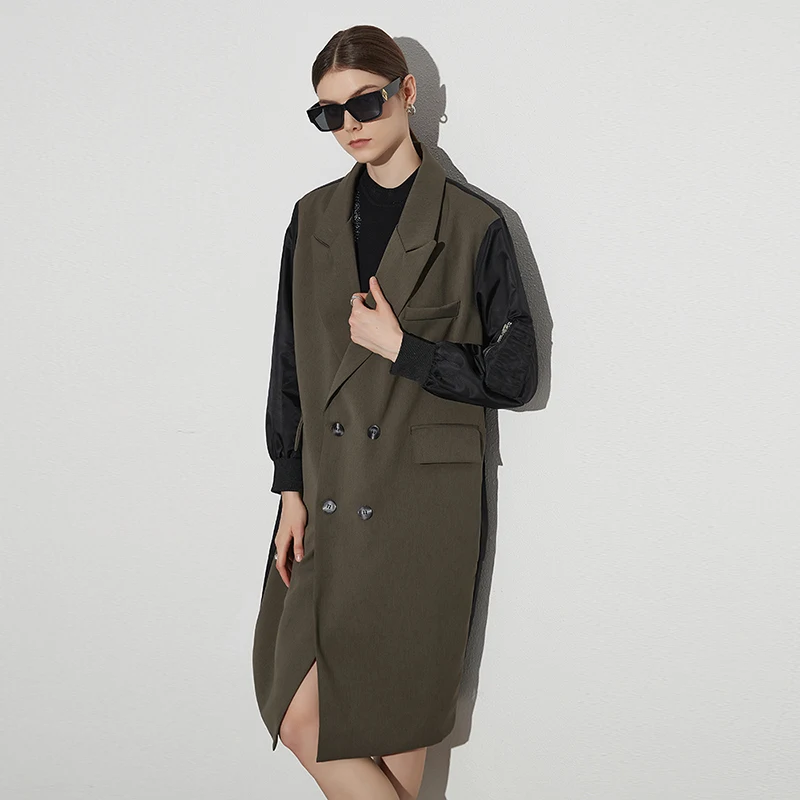 TWOTWINSTYLE Vintage Trench Coat Patchwork Hit Color Notched Collar Double Breasted Jacket For Women