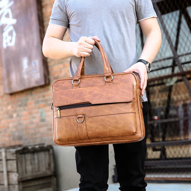 2024 New Custom Logo PU Leather Briefcase Men Single Shoulder Messenger Bag Business Polyester Fashion Unisex 15.6 Laptop Bag