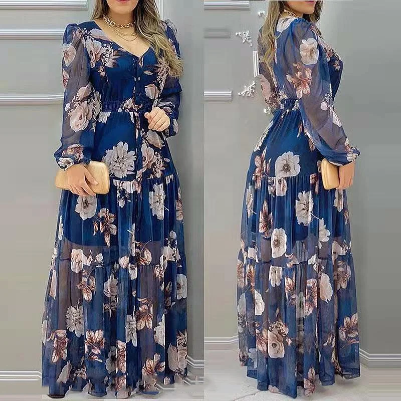 New Arrival Fashion Casual Clothing V Neck Print Dresses Women Elegant Floral Maxi Long Plus Size Womens Dresses