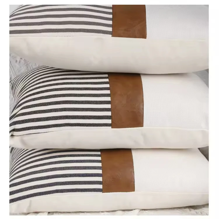 2024 hot sale custom cut and stripe vinyl pu leather canvas splicing 45x45 decorative cushion pillow cover striped cushion cover