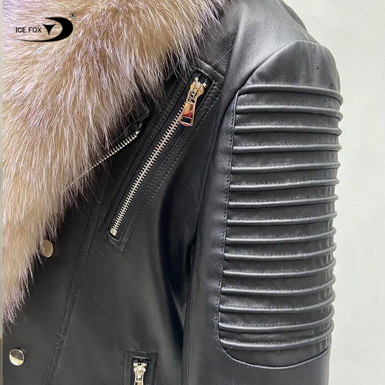 Wholesale Outer Pockets Real Soft Sheepskin Leather Zipper Black Men Motorcycle Leather Jacket
