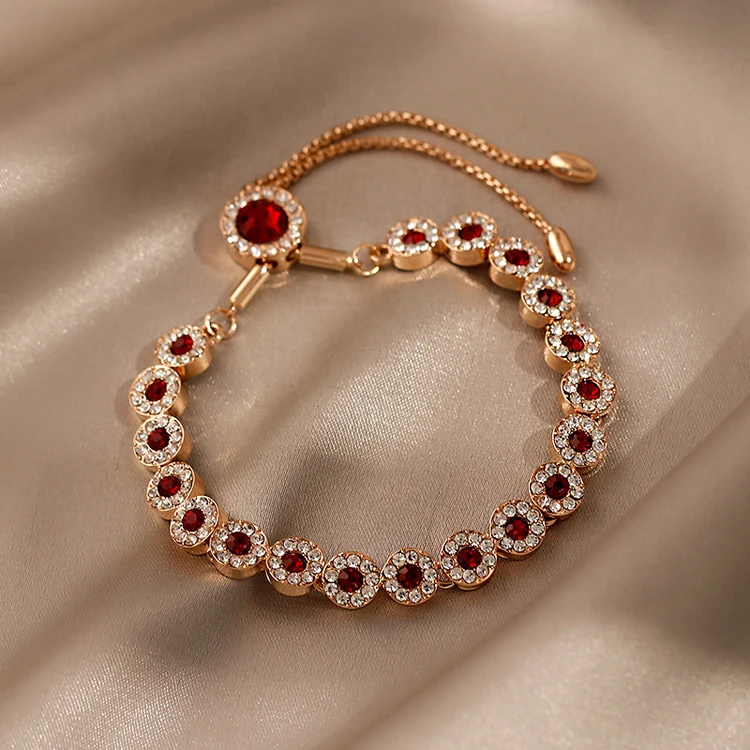Luxury adjustable pull bead chain rose gold bracelet vintage red crystal bracelet jewelry wedding accessories
