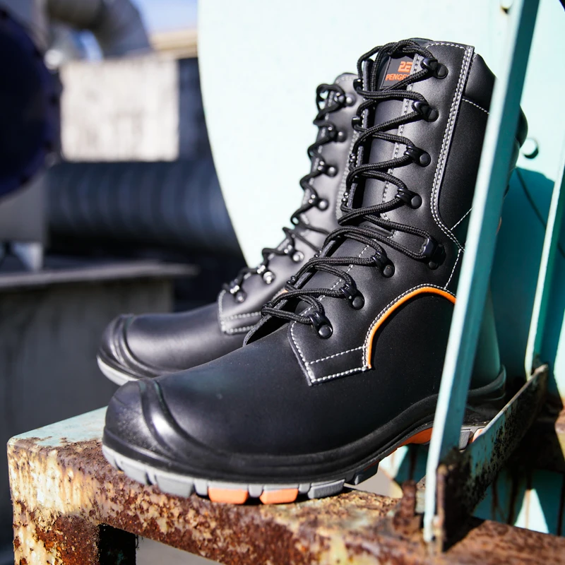 Heavy-Duty Black Waterproof Rubber Soles industrial safety Leather hiking Work Boots