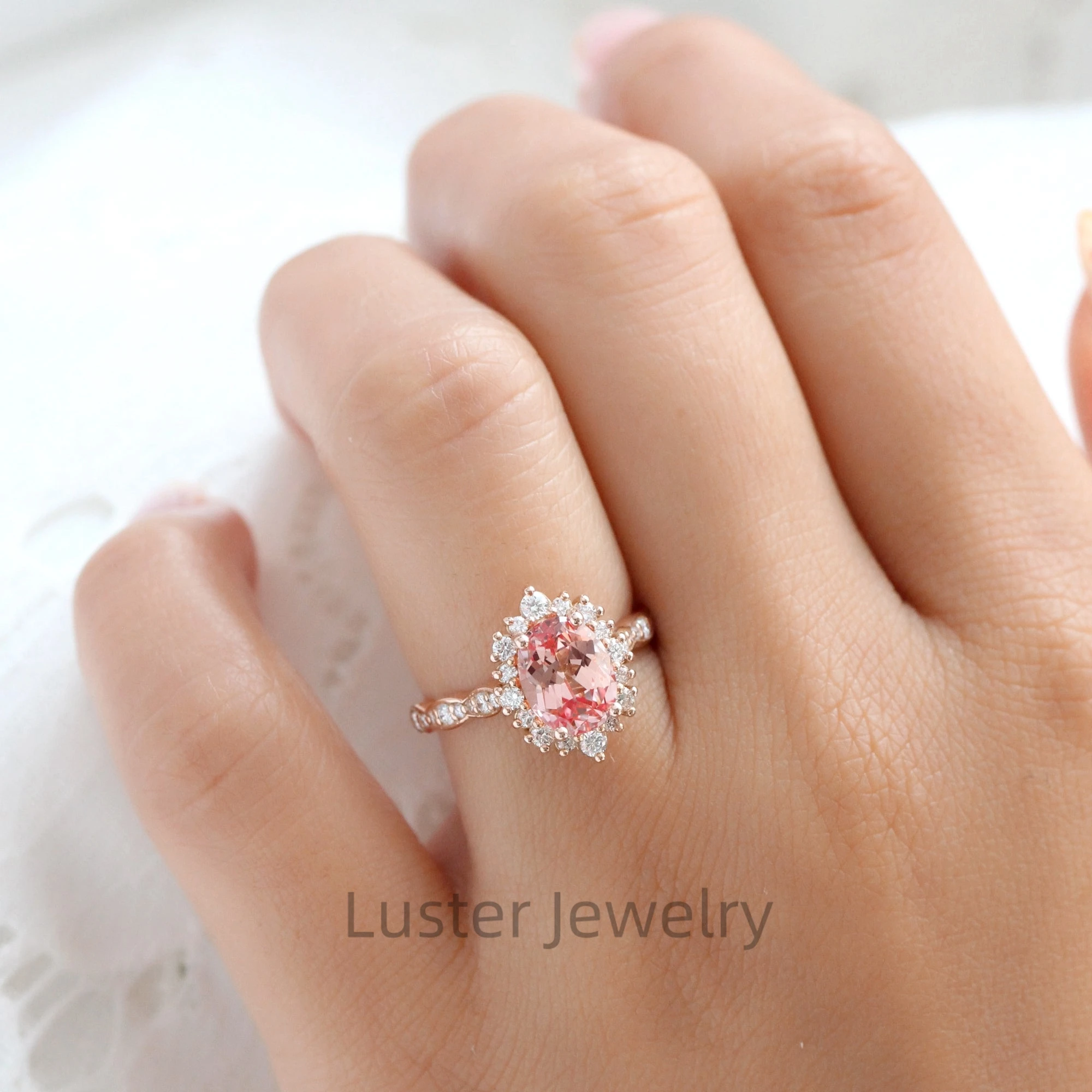 Luster Large Vintage Style 10K 14K 18K Gold Halo Moissanite Band 8x10mm Lab Grown Peach Pink Sapphire Ring for Woman